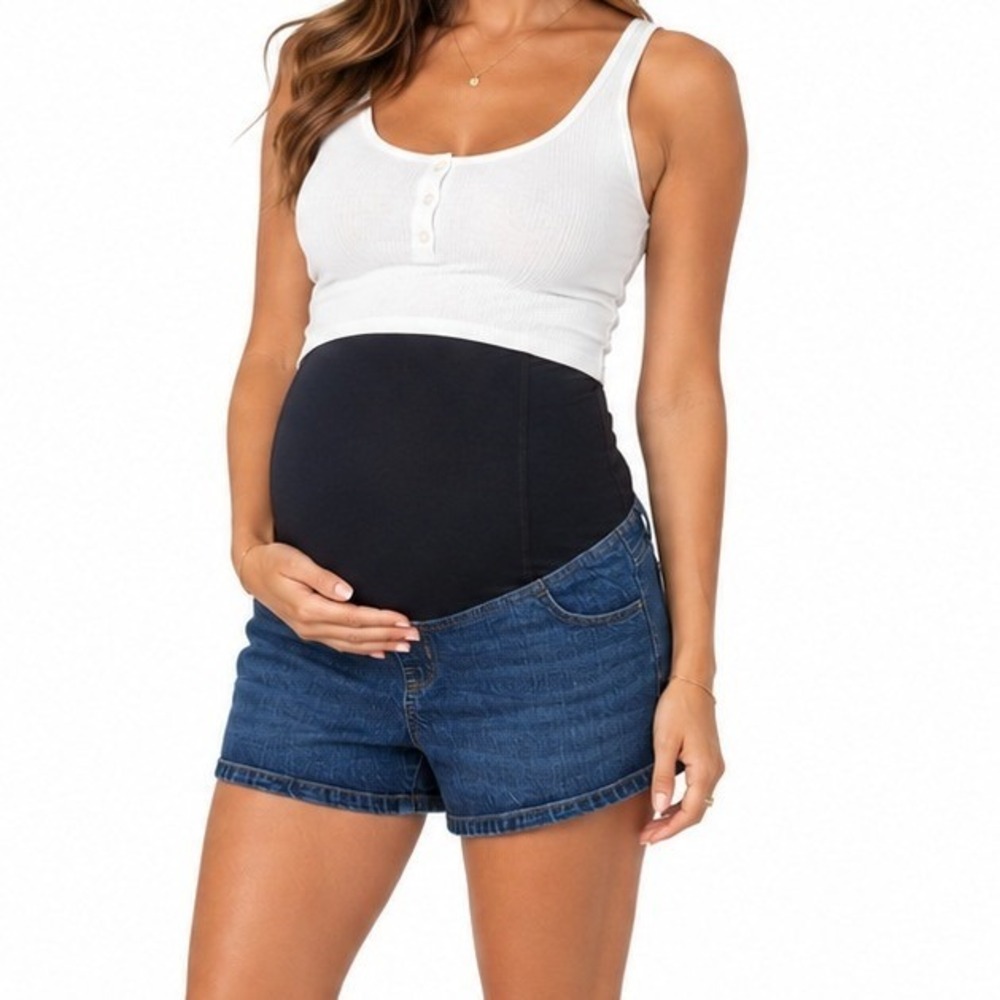 Isabel Maternity Midi Over Belly Denim Shorts Medium Wash Blue Casual Size 4